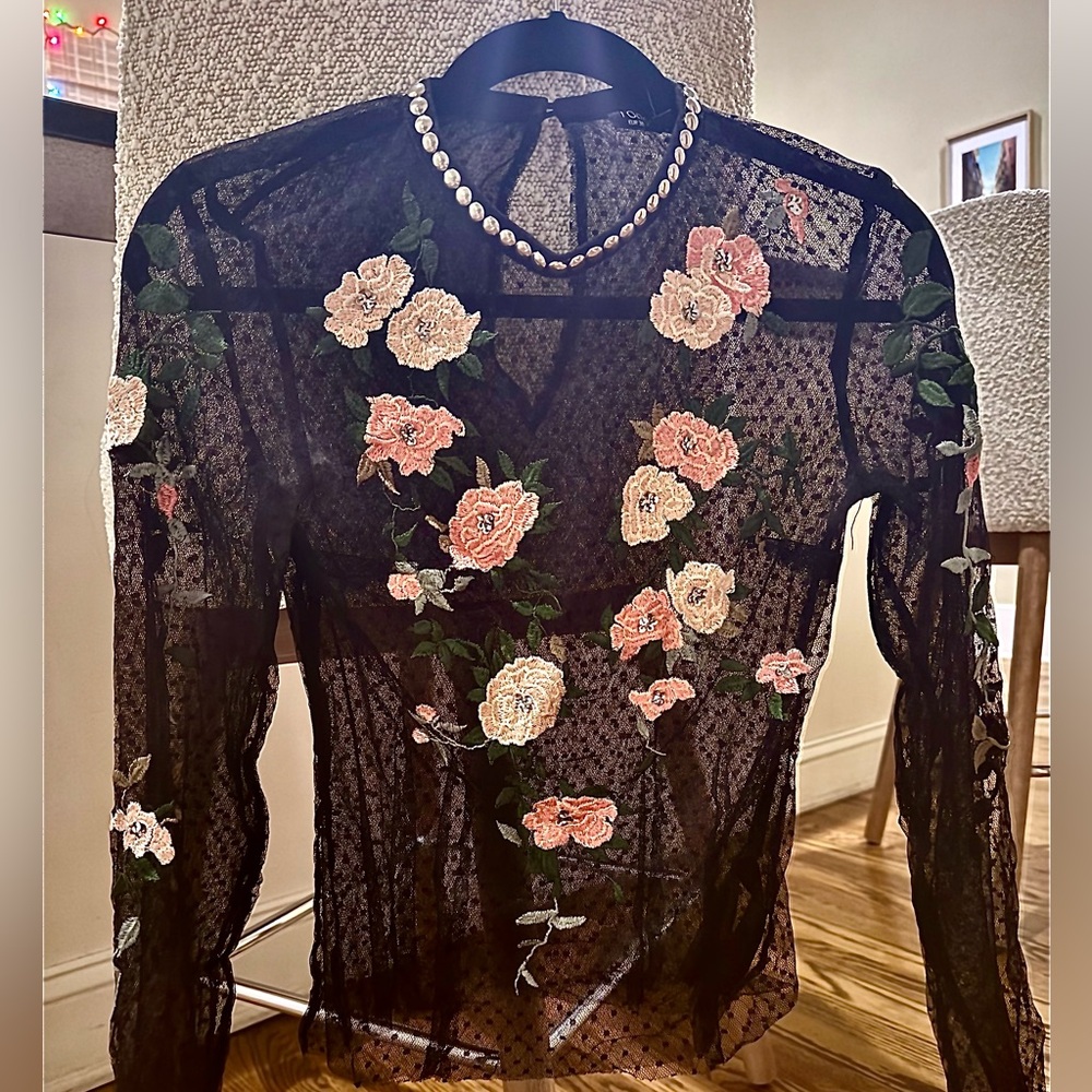 TopShop Floral Embroidered Sheer Mesh Top